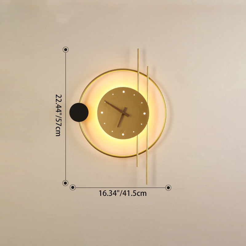 Modern Eclectic Clock Round Iron Acrylic Black Walnut Wood LED Wall Sconce Lamp For Living Room