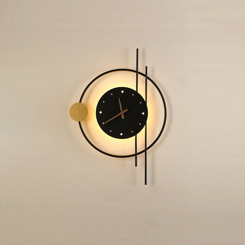 Modern Eclectic Clock Round Iron Acrylic Black Walnut Wood LED Wall Sconce Lamp For Living Room