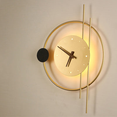 Modern Eclectic Clock Round Iron Acrylic Black Walnut Wood LED Wall Sconce Lamp For Living Room