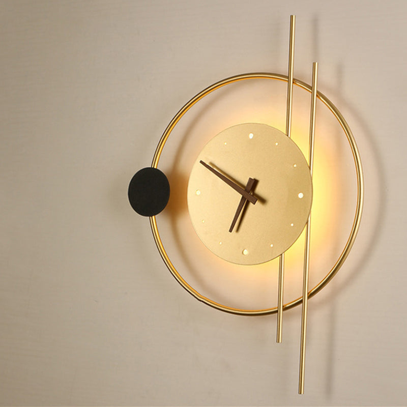 Modern Eclectic Clock Round Iron Acrylic Black Walnut Wood LED Wall Sconce Lamp For Living Room