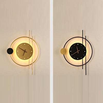 Modern Eclectic Clock Round Iron Acrylic Black Walnut Wood LED Wall Sconce Lamp For Living Room