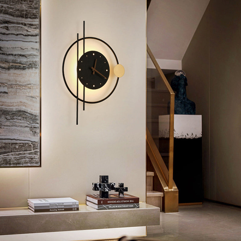 Modern Eclectic Clock Round Iron Acrylic Black Walnut Wood LED Wall Sconce Lamp For Living Room