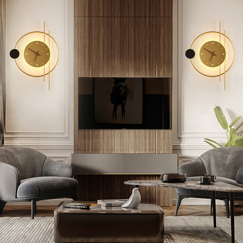 Modern Eclectic Clock Round Iron Acrylic Black Walnut Wood LED Wall Sconce Lamp For Living Room