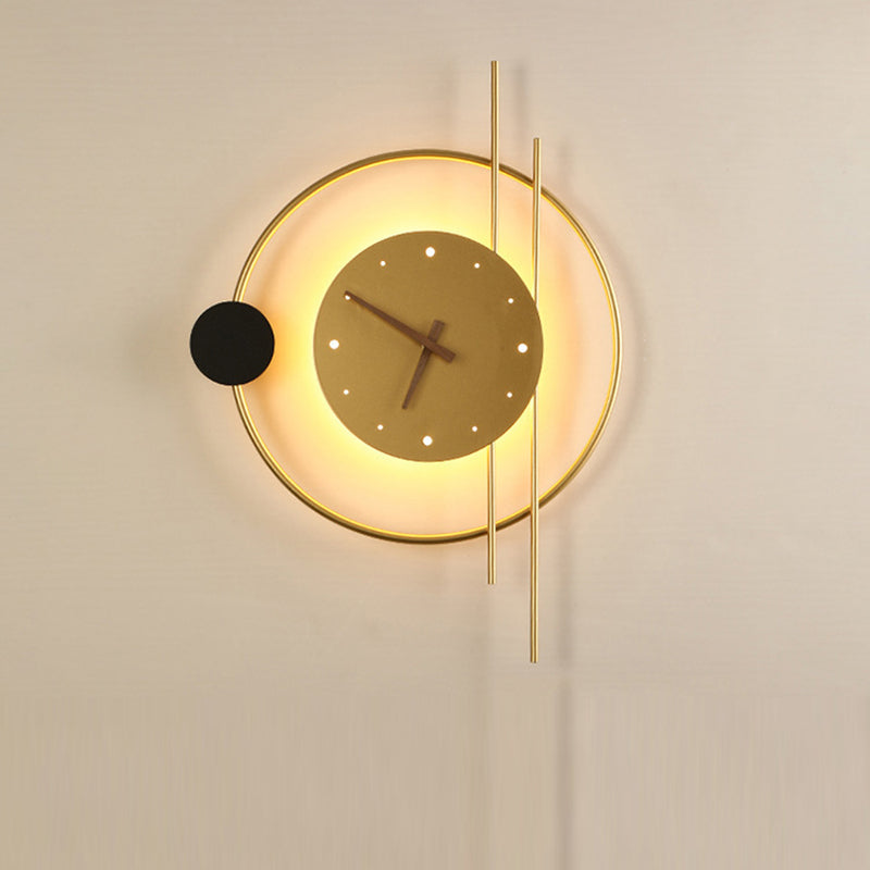 Modern Eclectic Clock Round Iron Acrylic Black Walnut Wood LED Wall Sconce Lamp For Living Room