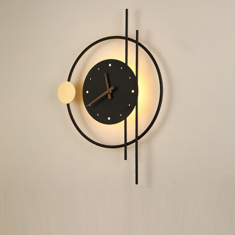 Modern Eclectic Clock Round Iron Acrylic Black Walnut Wood LED Wall Sconce Lamp For Living Room