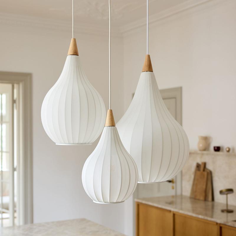 Traditional Japanese Gourd Stretch Fabric Solid Wood 1-Light Pendant Light For Bedroom