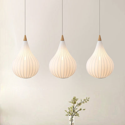 Traditional Japanese Gourd Stretch Fabric Solid Wood 1-Light Pendant Light For Bedroom