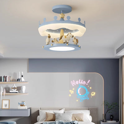 Modern Eclectic Kids Carousel Iron PE LED Semi-Flush Mount Ceiling Light For Bedroom