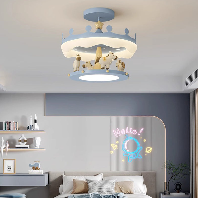 Modern Eclectic Kids Carousel Iron PE LED Semi-Flush Mount Ceiling Light For Bedroom