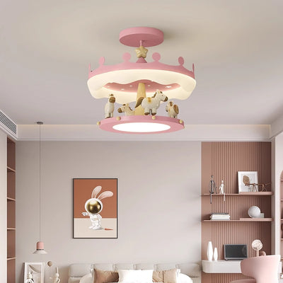 Modern Eclectic Kids Carousel Iron PE LED Semi-Flush Mount Ceiling Light For Bedroom