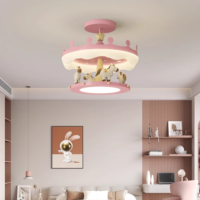 Modern Eclectic Kids Carousel Iron PE LED Semi-Flush Mount Ceiling Light For Bedroom