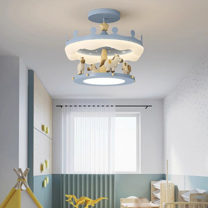 Modern Eclectic Kids Carousel Iron PE LED Semi-Flush Mount Ceiling Light For Bedroom