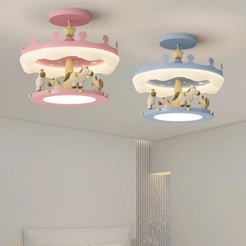 Modern Eclectic Kids Carousel Iron PE LED Semi-Flush Mount Ceiling Light For Bedroom
