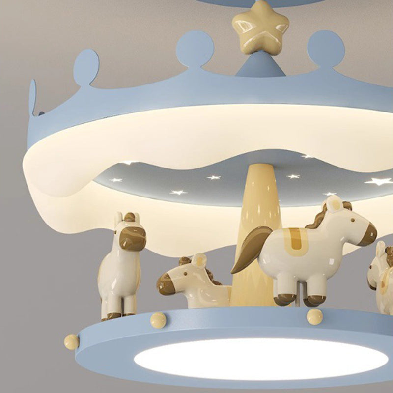 Modern Eclectic Kids Carousel Iron PE LED Semi-Flush Mount Ceiling Light For Bedroom