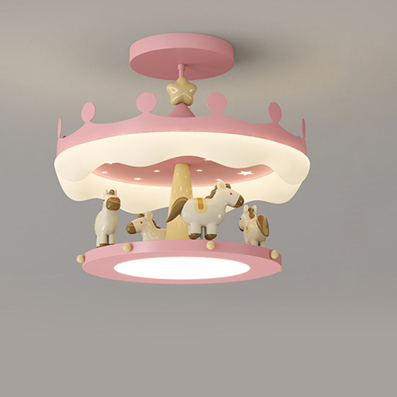 Modern Eclectic Kids Carousel Iron PE LED Semi-Flush Mount Ceiling Light For Bedroom