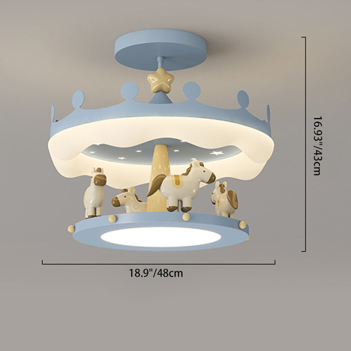 Moderno Eclectic Kids Carrusel Hierro PE LED Semi-Flush Montaje en Techo Luz para Dormitorio 