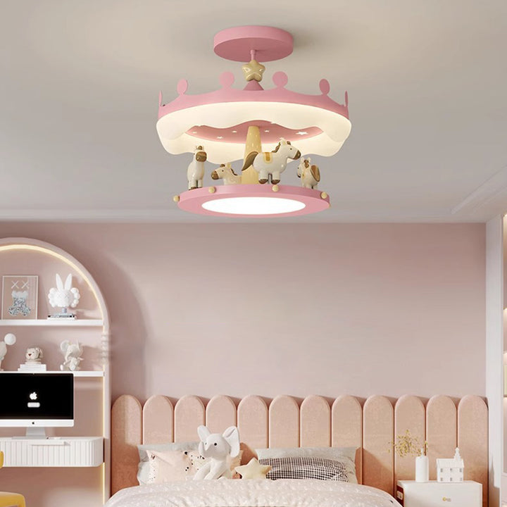 Moderno Eclectic Kids Carrusel Hierro PE LED Semi-Flush Montaje en Techo Luz para Dormitorio 