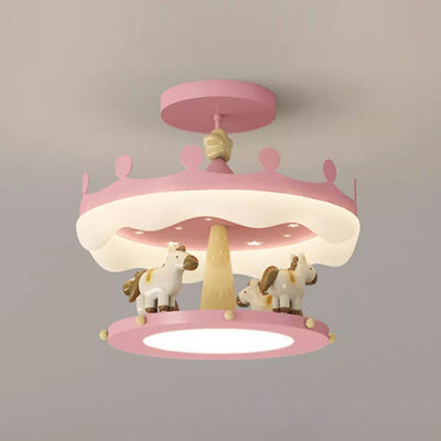 Modern Eclectic Kids Carousel Iron PE LED Semi-Flush Mount Ceiling Light For Bedroom