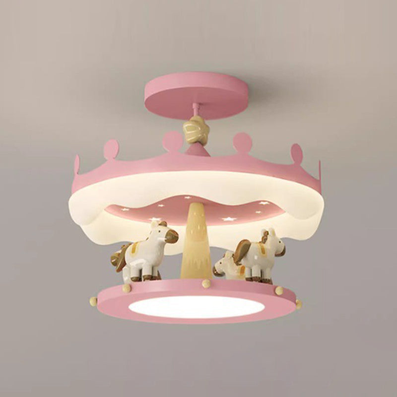 Modern Eclectic Kids Carousel Iron PE LED Semi-Flush Mount Ceiling Light For Bedroom