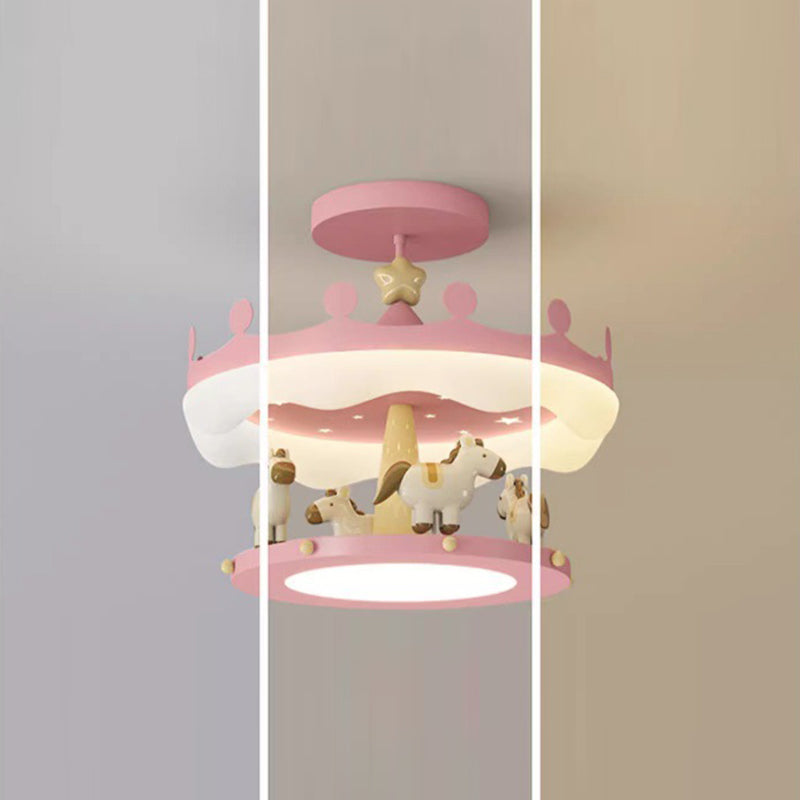 Modern Eclectic Kids Carousel Iron PE LED Semi-Flush Mount Ceiling Light For Bedroom