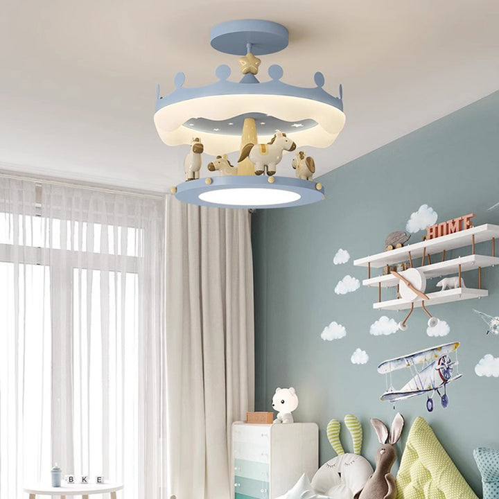 Moderno Eclectic Kids Carrusel Hierro PE LED Semi-Flush Montaje en Techo Luz para Dormitorio 