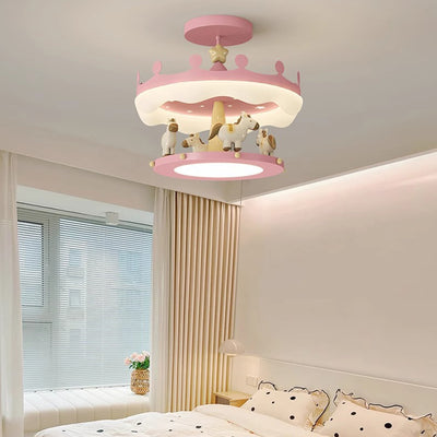 Modern Eclectic Kids Carousel Iron PE LED Semi-Flush Mount Ceiling Light For Bedroom