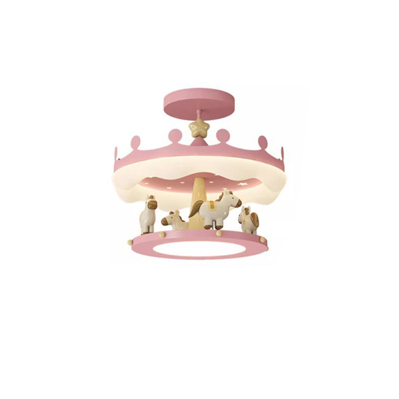 Modern Eclectic Kids Carousel Iron PE LED Semi-Flush Mount Ceiling Light For Bedroom