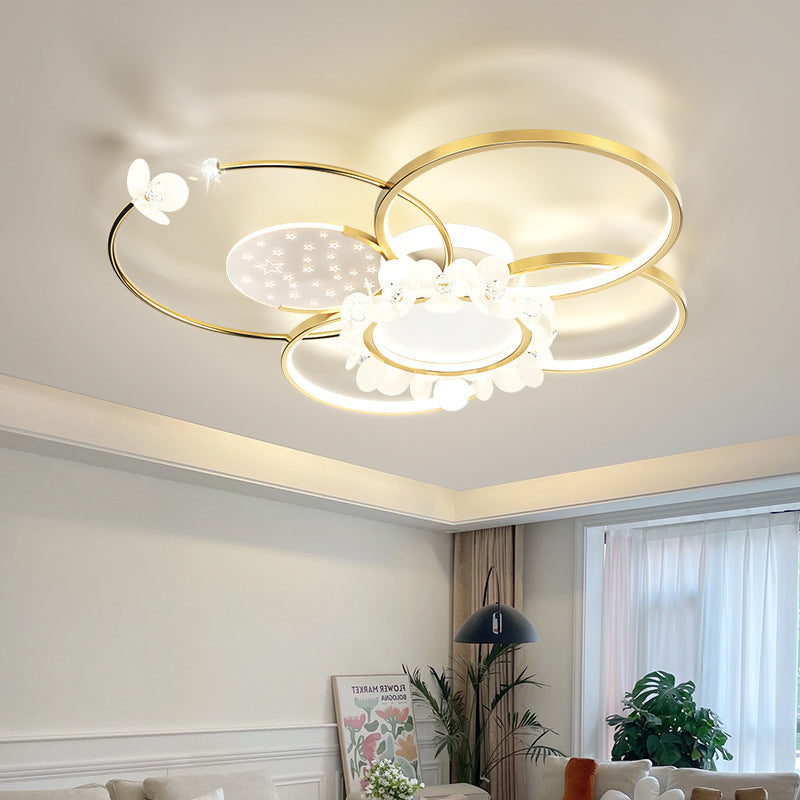 Modern Luxury Circle Iron Crystal Acrylic LED Semi-Flush Mount Ceiling Light For Living Room