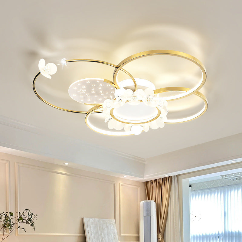 Modern Luxury Circle Iron Crystal Acrylic LED Semi-Flush Mount Ceiling Light For Living Room