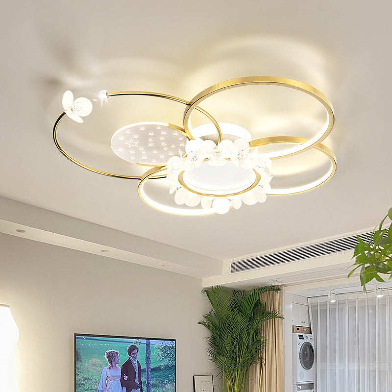Modern Luxury Circle Iron Crystal Acrylic LED Semi-Flush Mount Ceiling Light For Living Room