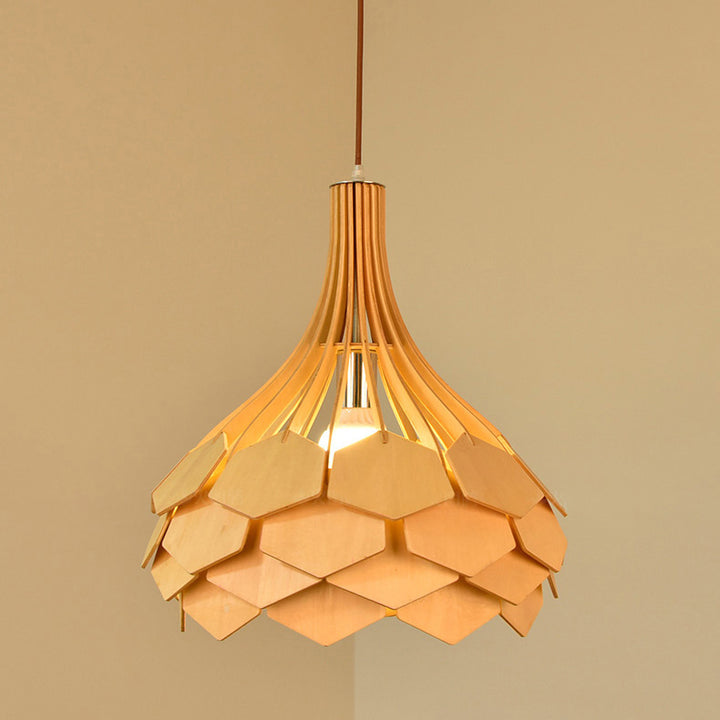 Moderne eklektische Vogelkäfig Holz 1-Licht Pendelleuchte für Wohnzimmer 