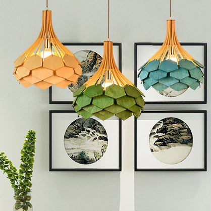 Moderne eklektische Vogelkäfig Holz 1-Licht Pendelleuchte für Wohnzimmer 