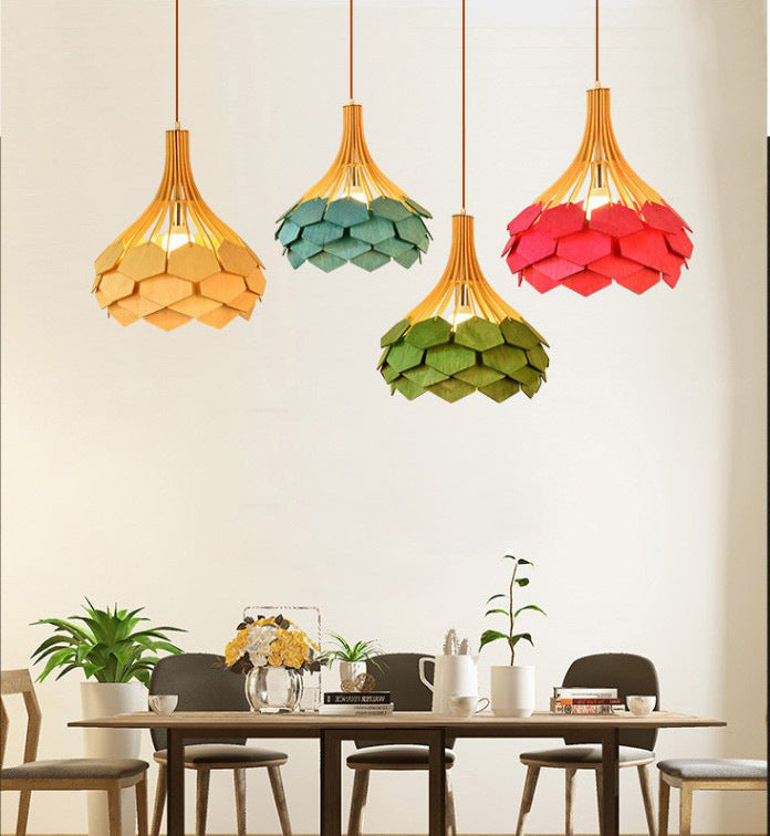 Moderne eklektische Vogelkäfig Holz 1-Licht Pendelleuchte für Wohnzimmer 