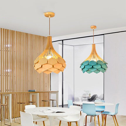Moderne eklektische Vogelkäfig Holz 1-Licht Pendelleuchte für Wohnzimmer 