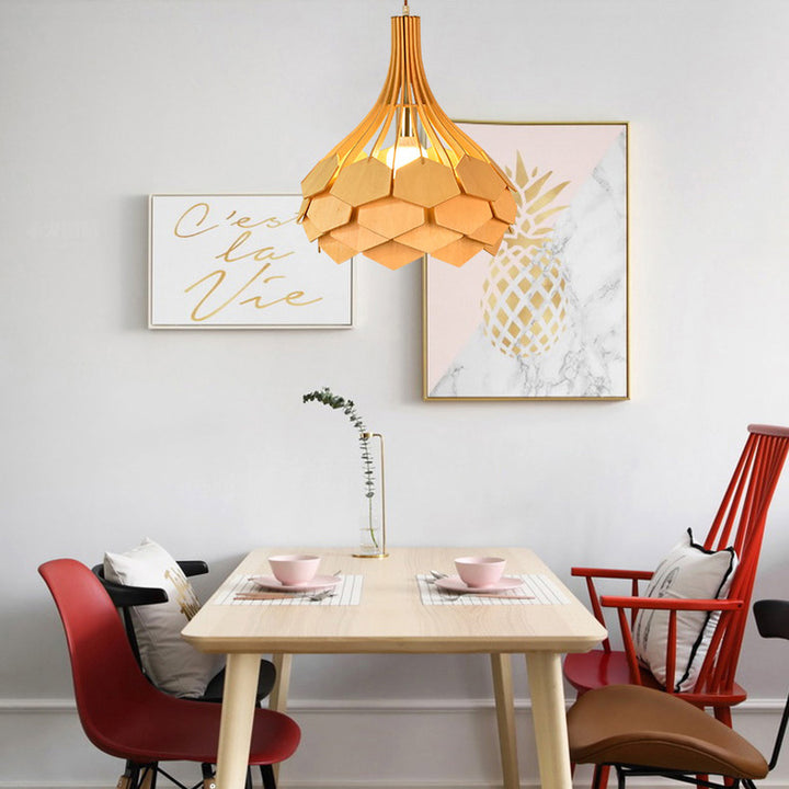 Moderne eklektische Vogelkäfig Holz 1-Licht Pendelleuchte für Wohnzimmer 