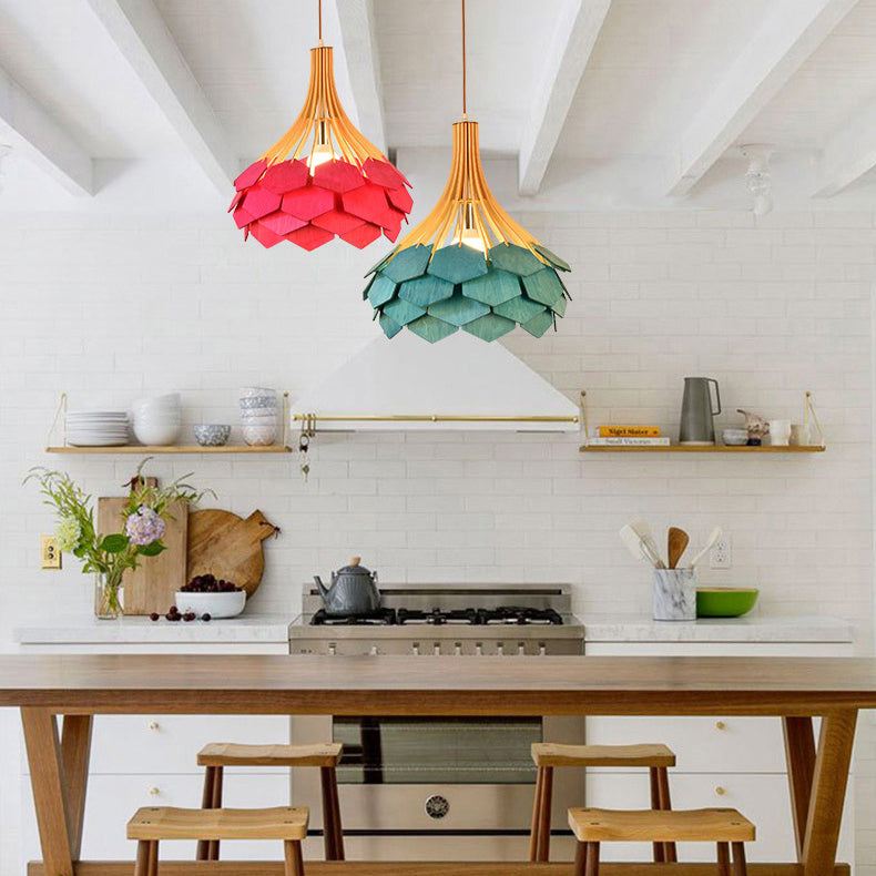Moderne eklektische Vogelkäfig Holz 1-Licht Pendelleuchte für Wohnzimmer 