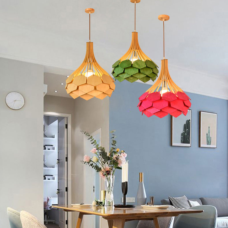 Moderne eklektische Vogelkäfig Holz 1-Licht Pendelleuchte für Wohnzimmer 