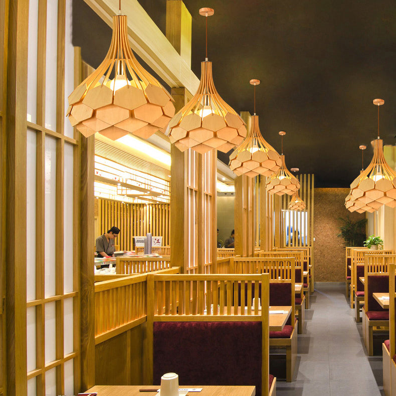 Moderne eklektische Vogelkäfig Holz 1-Licht Pendelleuchte für Wohnzimmer 