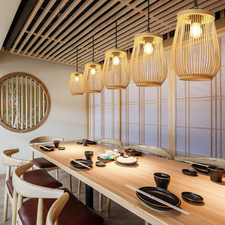 Traditional Chinese Bamboo Cylinder 1-Light Pendant Light For Living Room