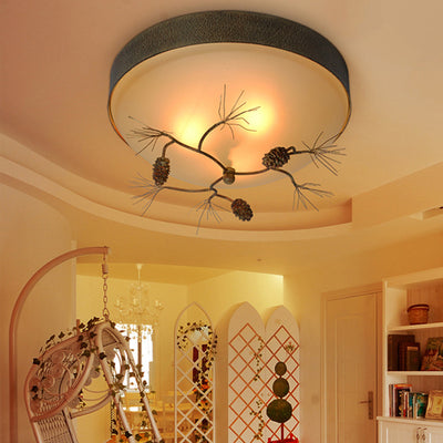 Traditional Farmhouse Pine Cone Cylinder Metal Glass 2/3 Light Flush Mount Ceiling Light For Living Room
