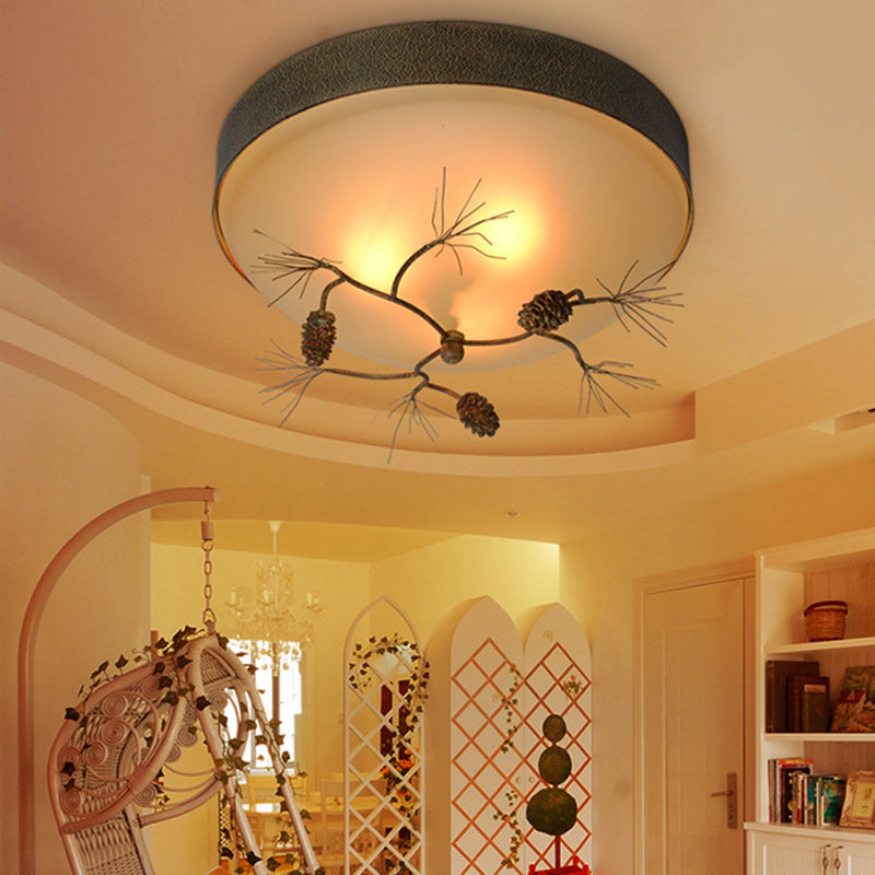 Traditional Farmhouse Pine Cone Cylinder Metal Glass 2/3 Light Flush Mount Ceiling Light For Living Room
