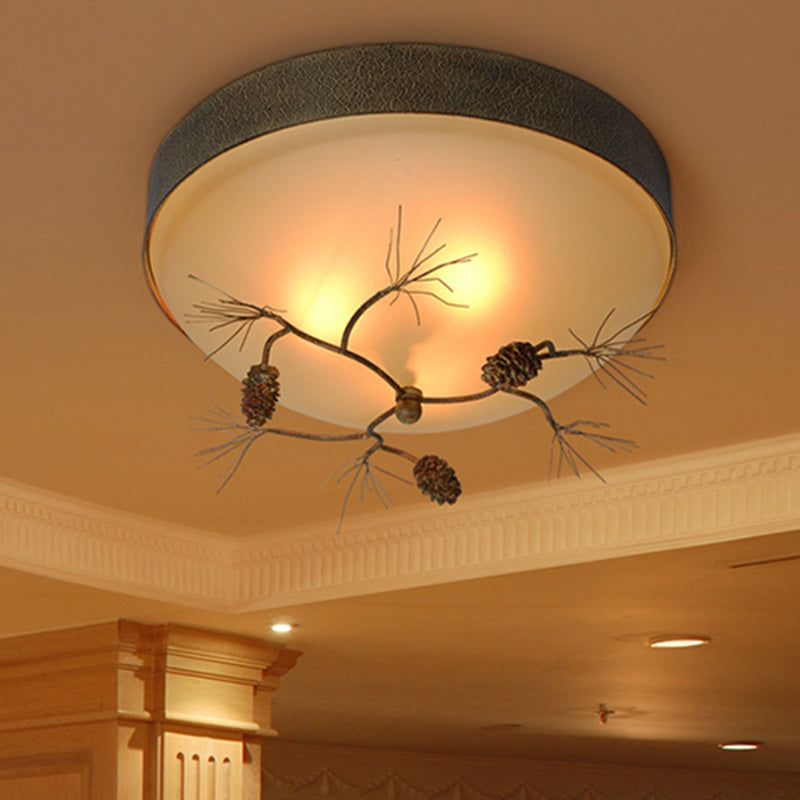 Traditional Farmhouse Pine Cone Cylinder Metal Glass 2/3 Light Flush Mount Ceiling Light For Living Room