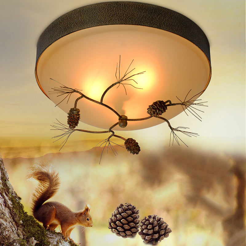 Traditional Farmhouse Pine Cone Cylinder Metal Glass 2/3 Light Flush Mount Ceiling Light For Living Room
