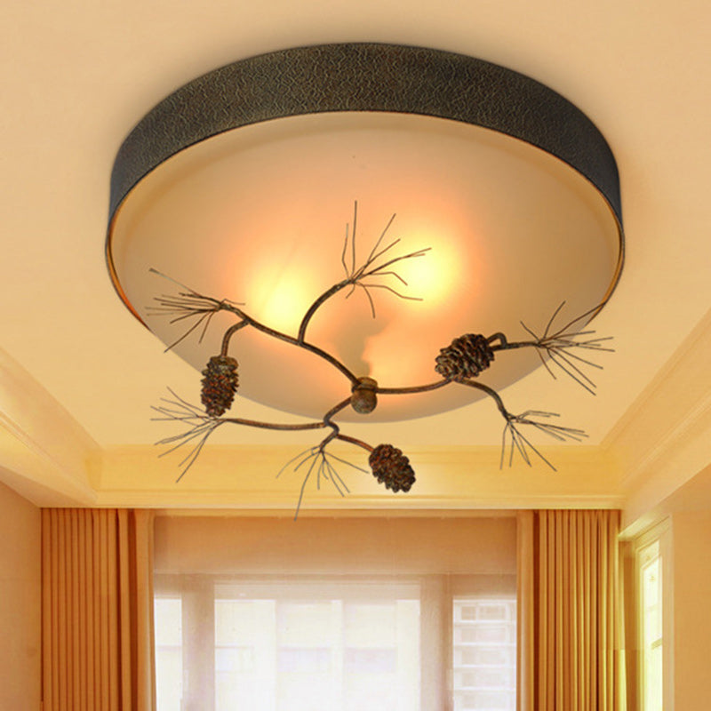 Traditional Farmhouse Pine Cone Cylinder Metal Glass 2/3 Light Flush Mount Ceiling Light For Living Room