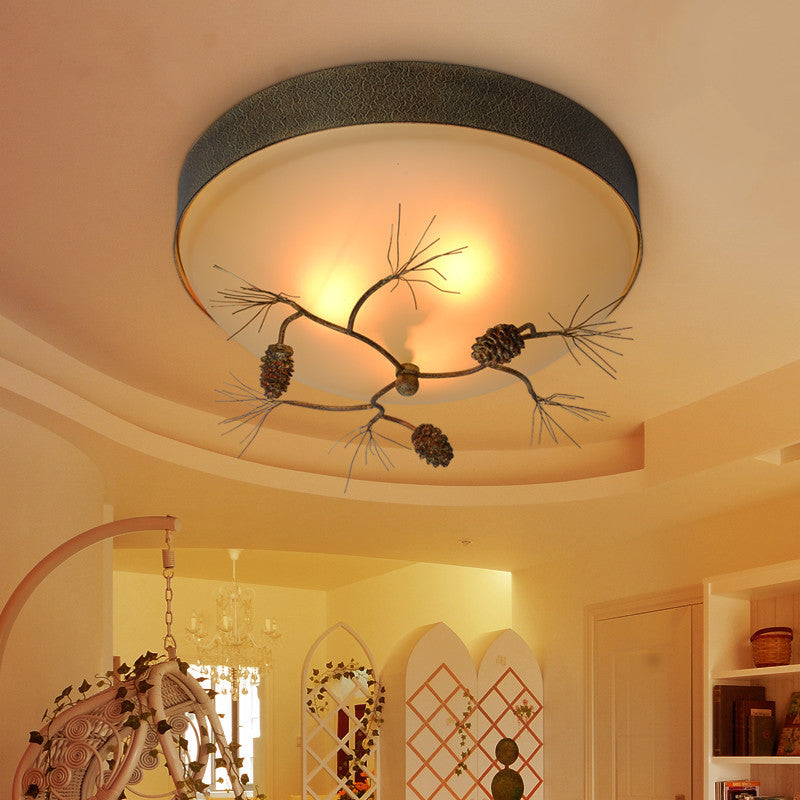 Traditional Farmhouse Pine Cone Cylinder Metal Glass 2/3 Light Flush Mount Ceiling Light For Living Room