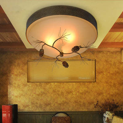 Traditional Farmhouse Pine Cone Cylinder Metal Glass 2/3 Light Flush Mount Ceiling Light For Living Room
