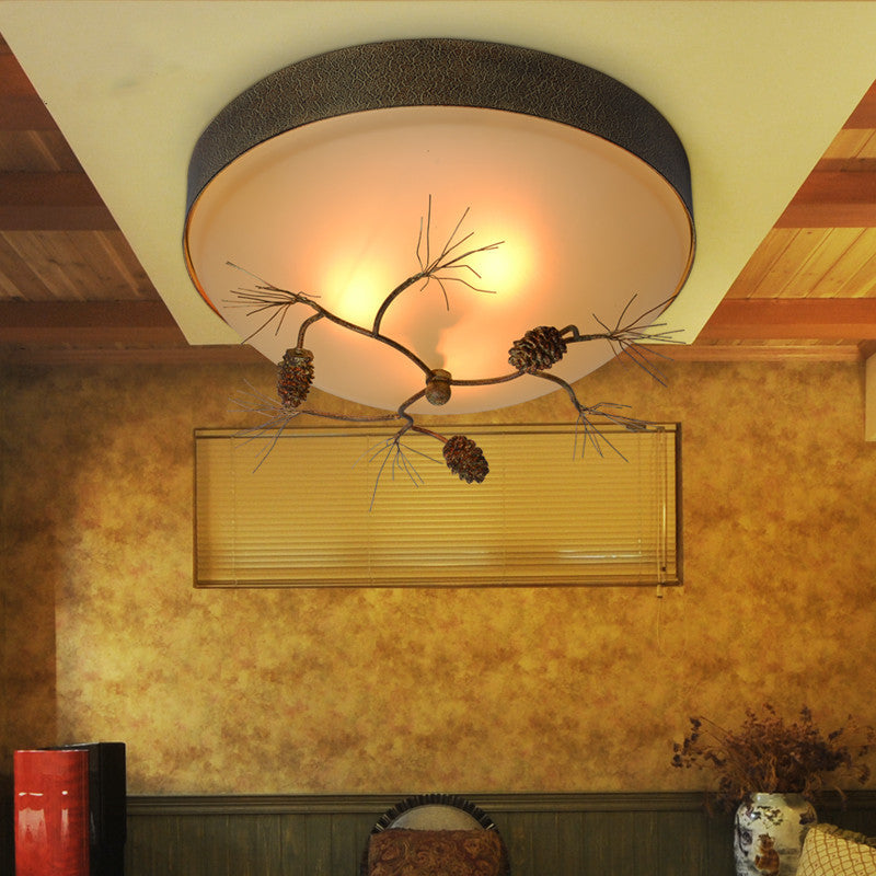 Traditional Farmhouse Pine Cone Cylinder Metal Glass 2/3 Light Flush Mount Ceiling Light For Living Room
