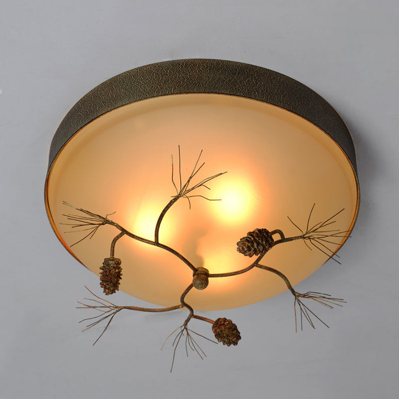 Traditional Farmhouse Pine Cone Cylinder Metal Glass 2/3 Light Flush Mount Ceiling Light For Living Room