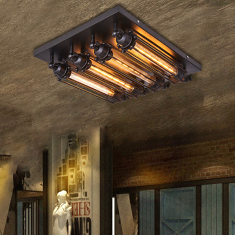 Plafonnier semi-encastré contemporain carré en fer et verre à 4 lumières pour chambre 