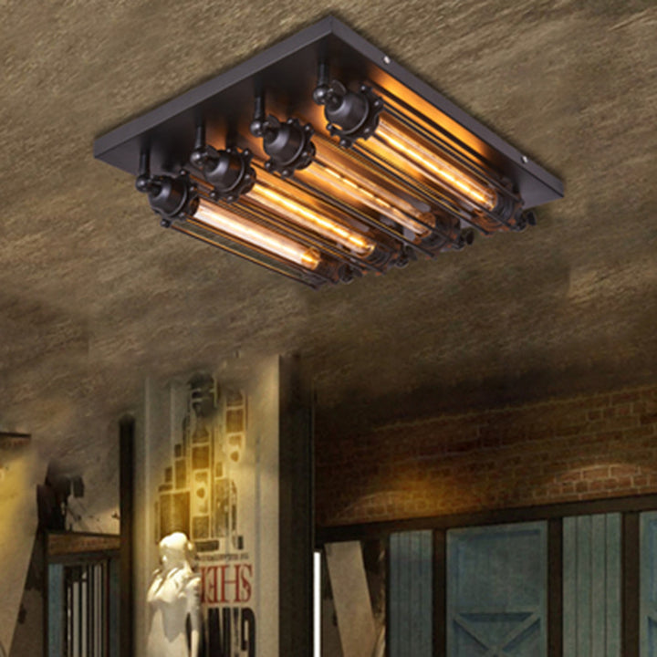Plafonnier semi-encastré contemporain carré en fer et verre à 4 lumières pour chambre 